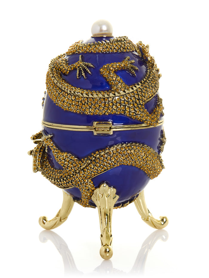 Blue Faberge Egg with Dragon Music Playing Egg - trinket box