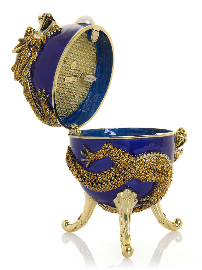 Blue Faberge Egg with Dragon Music Playing Egg - trinket box