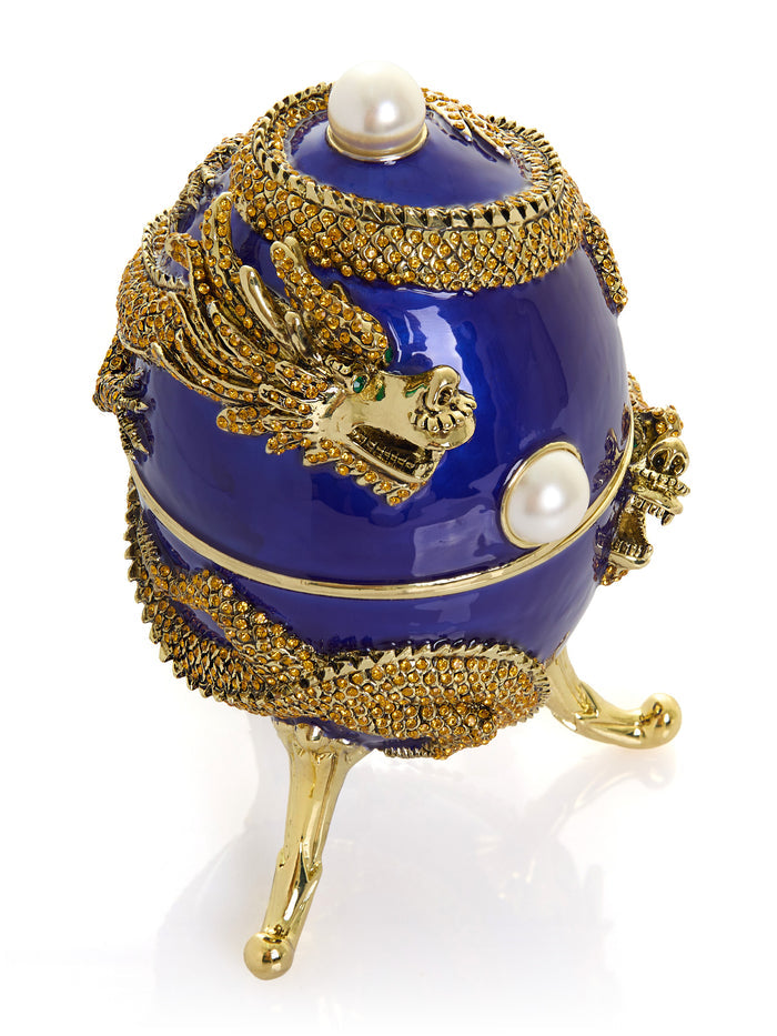 Blue Faberge Egg with Dragon Music Playing Egg - trinket box