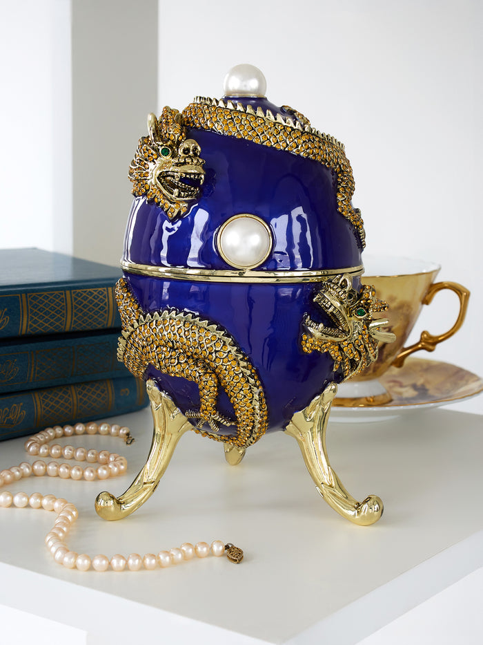 Blue Faberge Egg with Dragon Music Playing Egg - trinket box