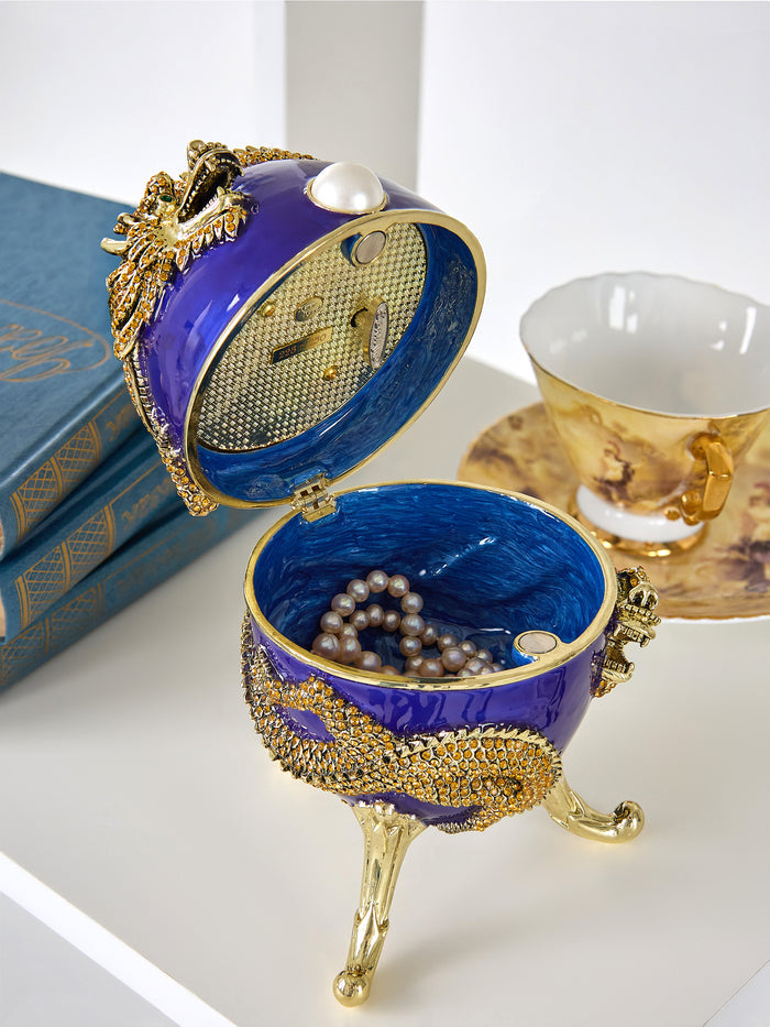 Blue Faberge Egg with Dragon Music Playing Egg - trinket box