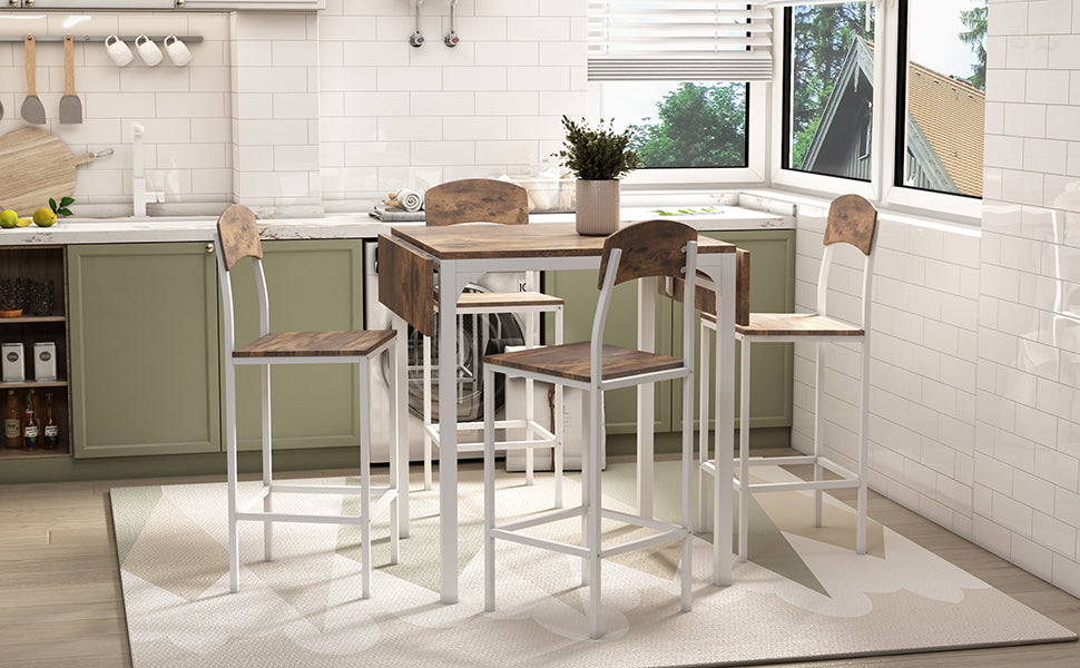 Farmhouse 5-piece Counter Height Drop Leaf Dining Table Set with Dining Chairs for 4,White Frame+ Rustic Brown Tabletop Vtng Furniture