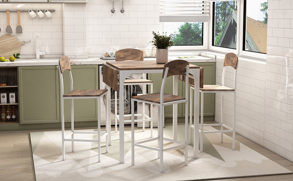 Farmhouse 5-piece Counter Height Drop Leaf Dining Table Set with Dining Chairs for 4,White Frame+ Rustic Brown Tabletop Vtng Furniture