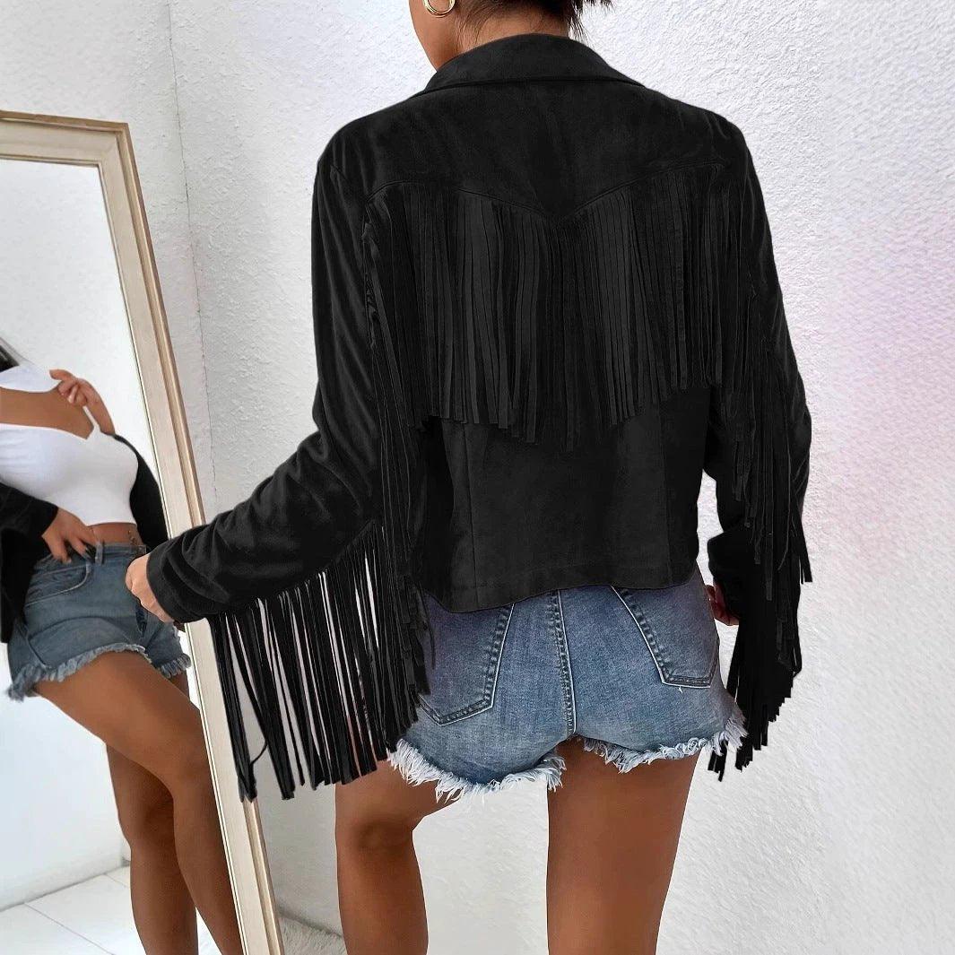 Spring And Autumn Women's V-neck Long Sleeve Fringe Jacket Solid Color Loose Short Coat