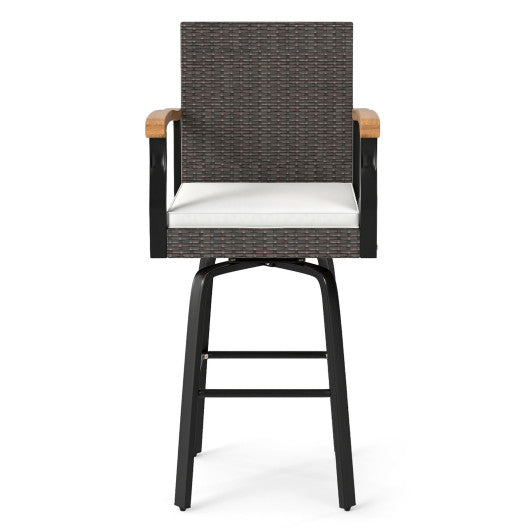 Set of 2 Outdoor 360° Swivel Bar Stool with Cushion and Acacia Wood Armrests