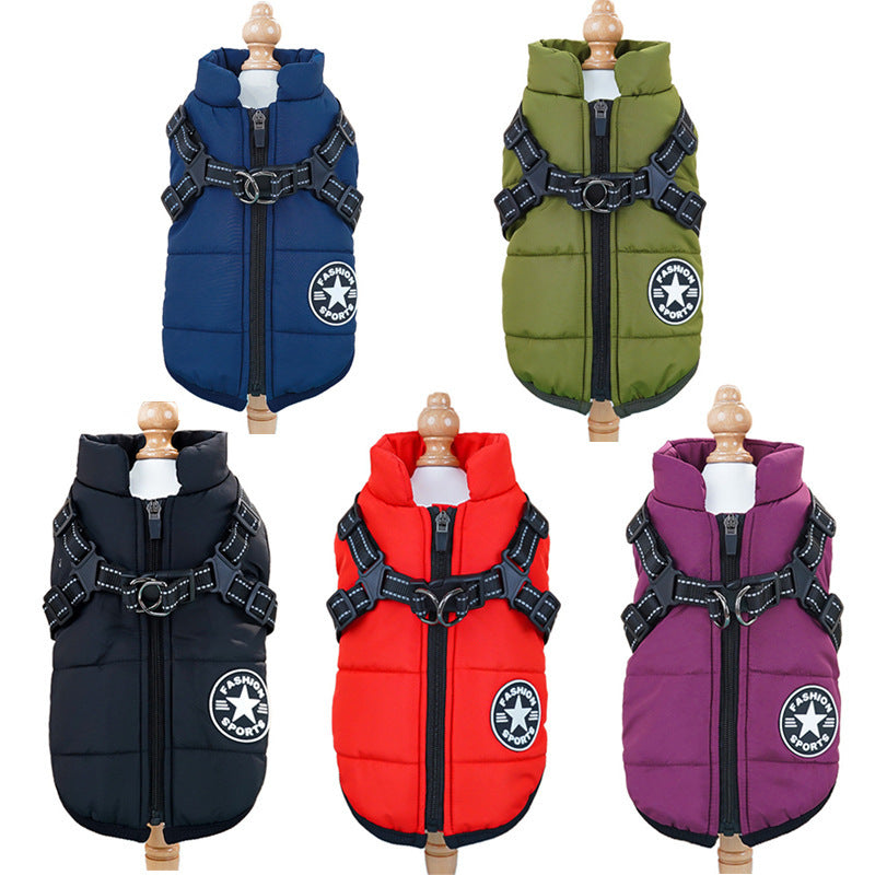 Pet clothing waterproof and warm dog cotton coat winter skiing suit chest and back integrated cotton vest