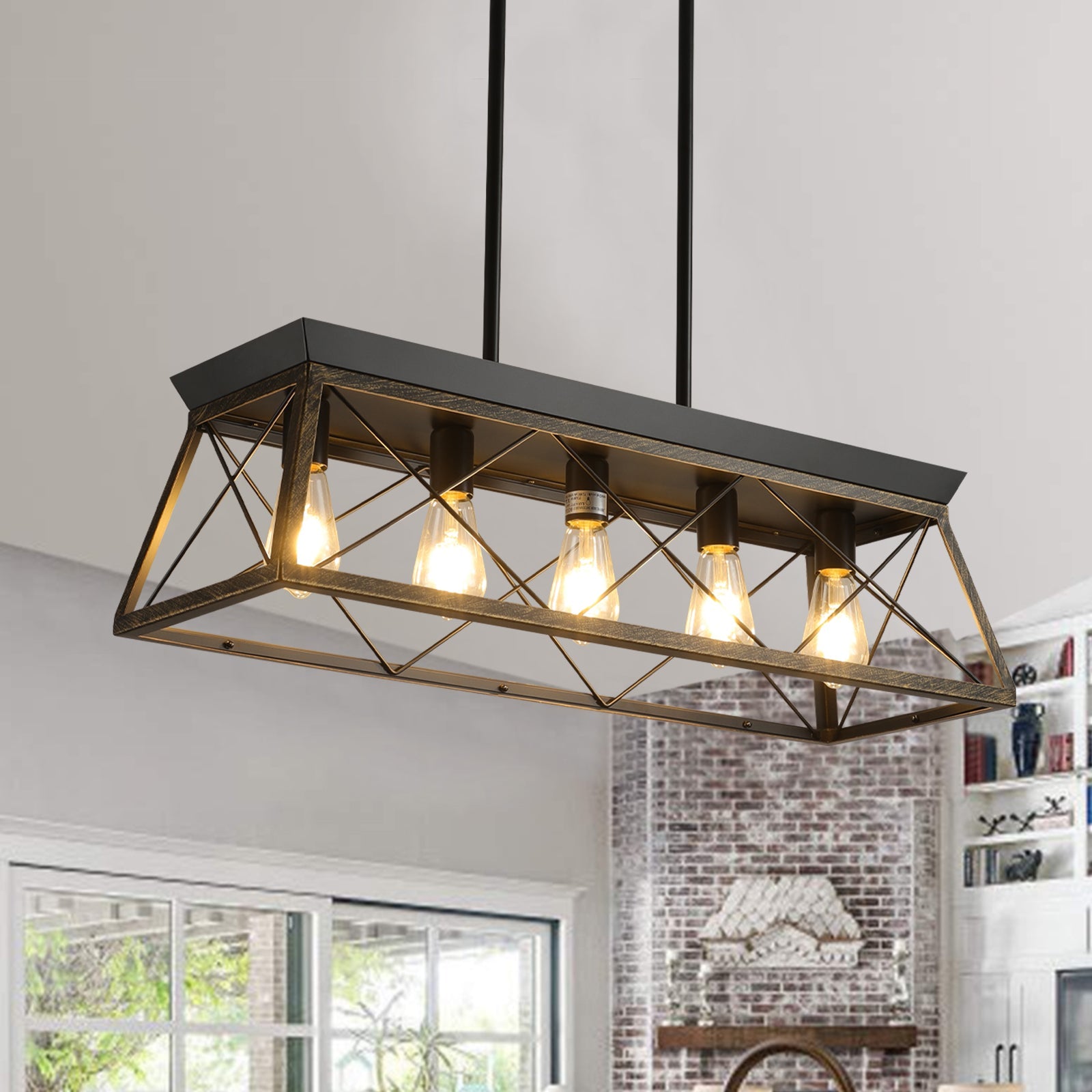 5-Light Farmhouse Chandeliers for Dining Room Metal Rustic Pendant Island Light  Modern Rectangular Island Lights (No Bulbs)