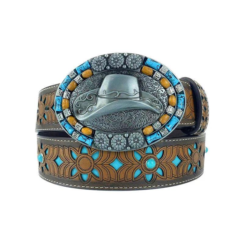 TOPACC Western Turquoise Belts - Oval Turquoise Cowboy Hat Buckle Copper/Bronze - Gifts for You 'n Me