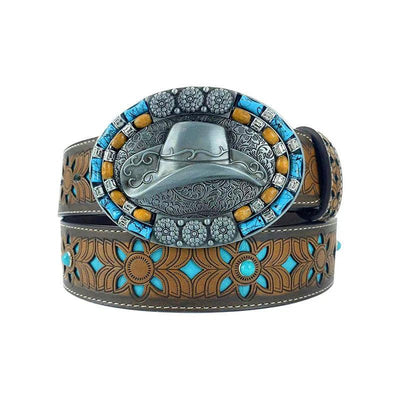 TOPACC Western Turquoise Belts - Oval Turquoise Cowboy Hat Buckle Copper/Bronze