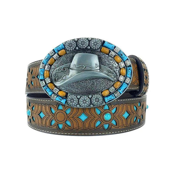 TOPACC Western Turquoise Belts - Oval Turquoise Cowboy Hat Buckle Copper/Bronze - Gifts for You 'n Me