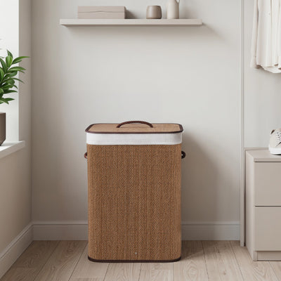 19 Gal Capacity Bamboo Clothes Hamper with Removable Liner and Portable Handles-Brown
