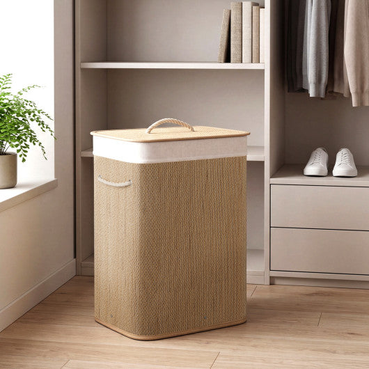 19 Gal Capacity Bamboo Clothes Hamper with Removable Liner and Portable Handles-Natrual