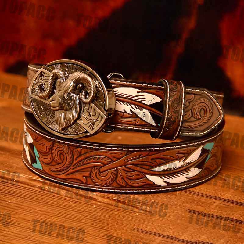 Waist 42-46 inch Western Leather Feather Belt - Block Buckle