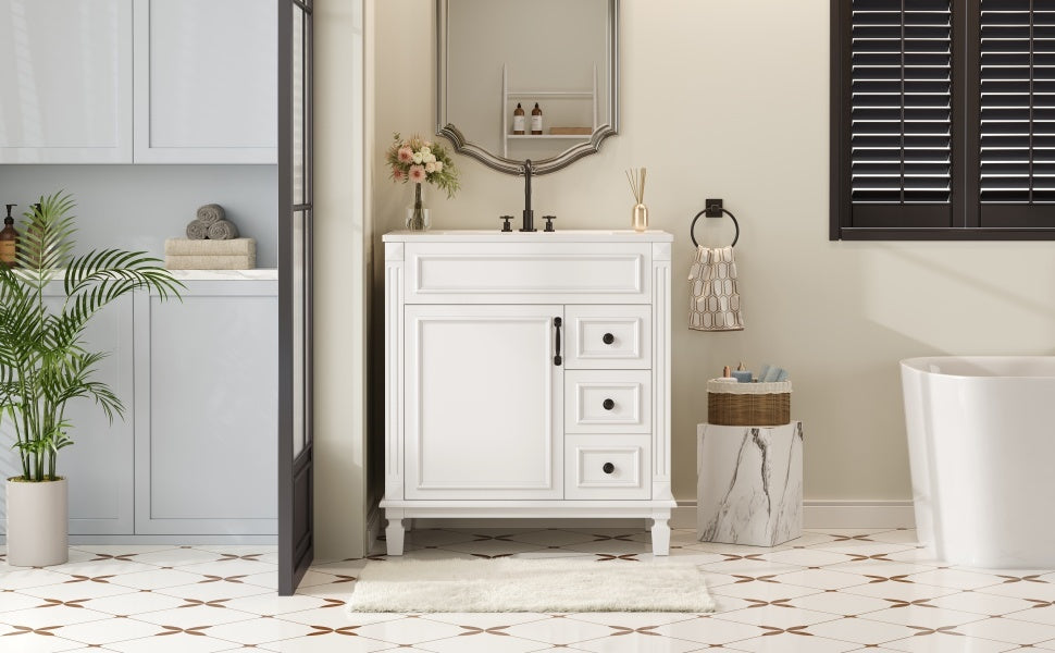 Bathroom Vanity with Ceramic Sink, Modern Cabinet with 2 Drawers & Shelf