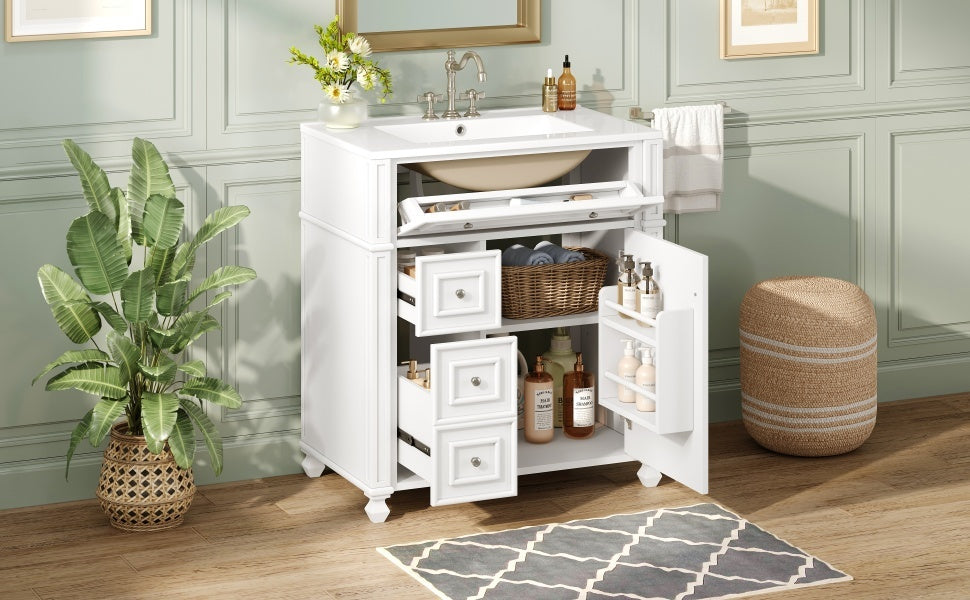Bathroom Vanity with Ceramic Sink Basin, Cabinet with Soft-Close Doors and Organizer