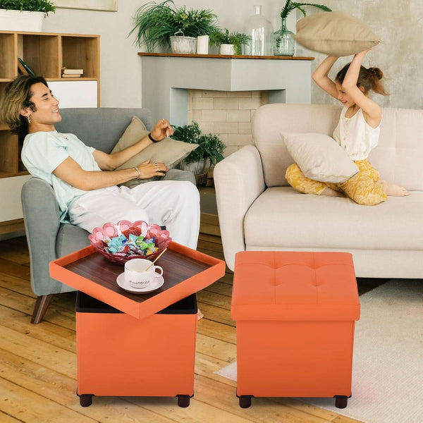 Orange Faux Leather Storage Ottoman With Wooden Tray