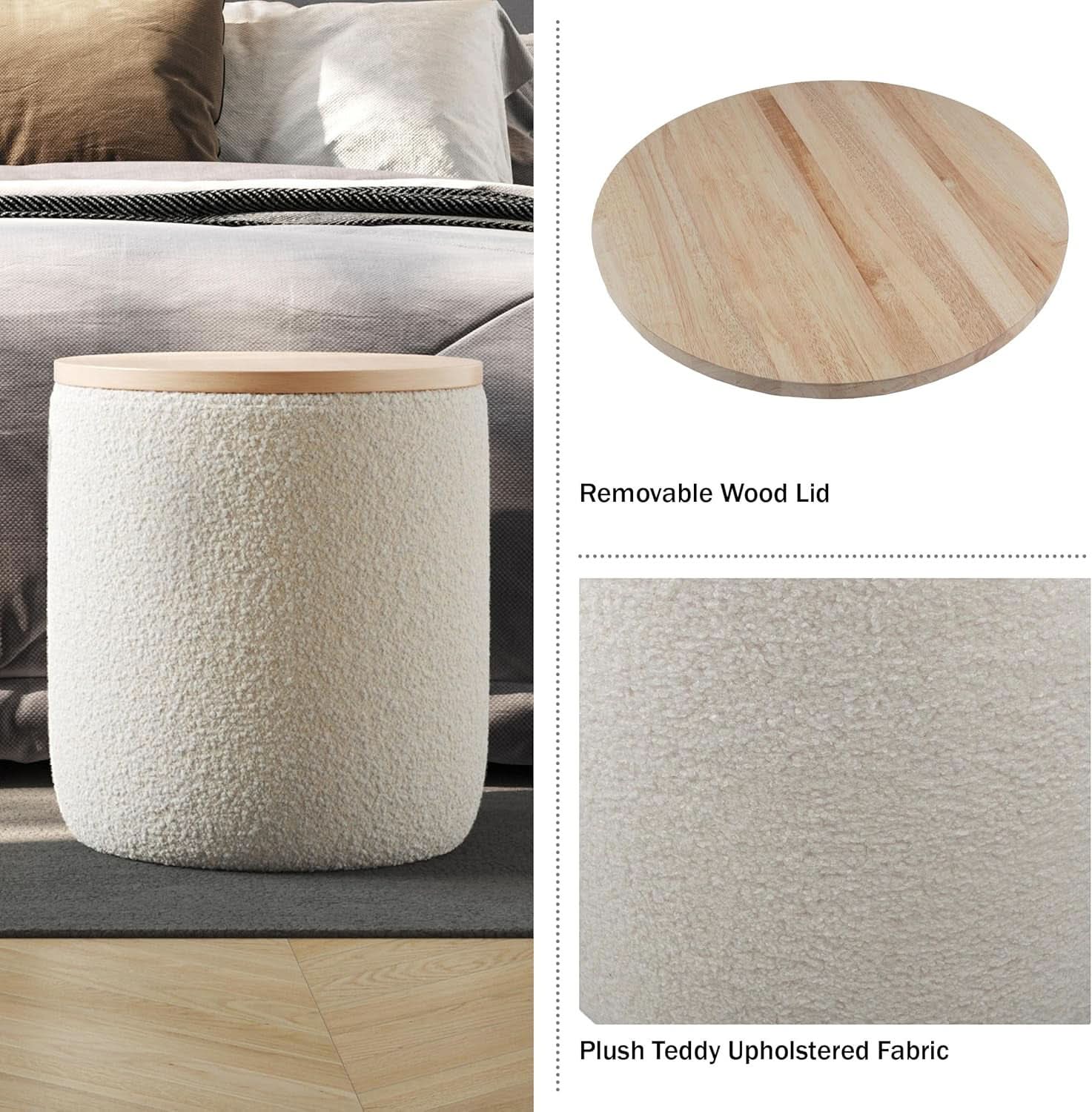 Cream Textured Storage Ottoman Removable Lid Walnut