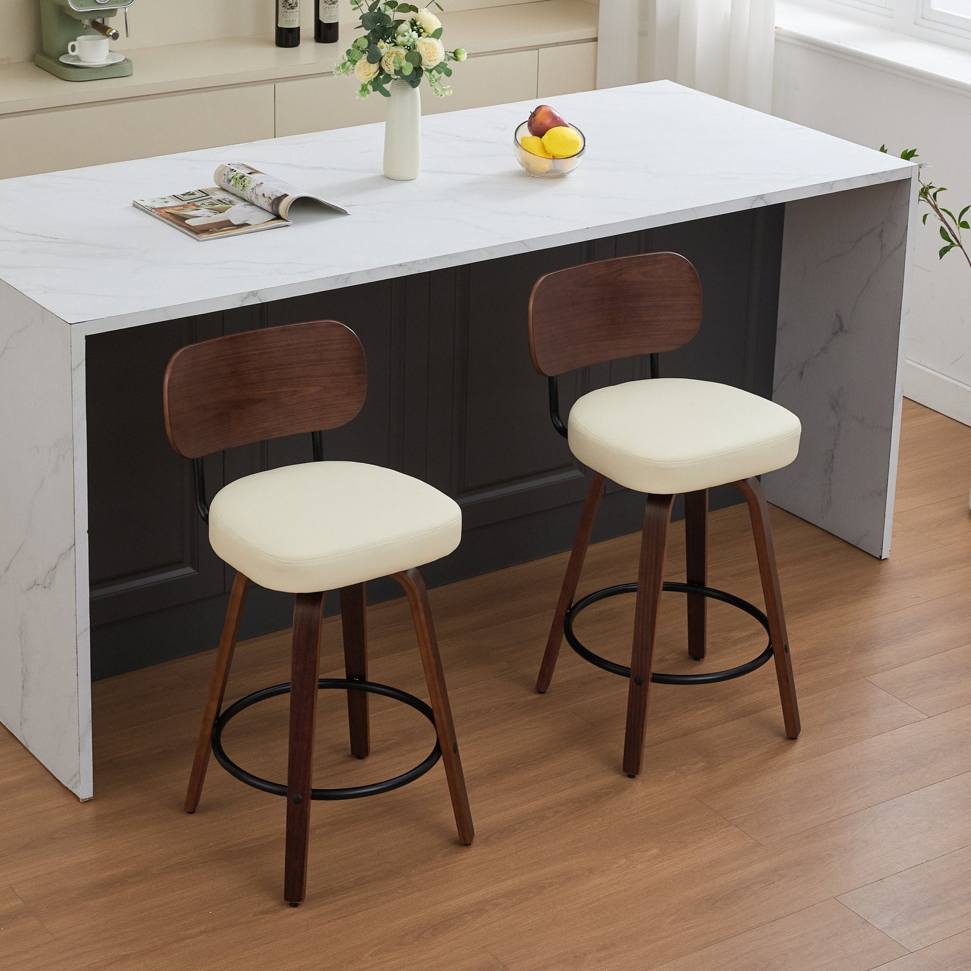 Swivel Bar Stools Set of 2, 26' Upholstered Faux Leather Counter Height Barstools with Walnut Back & Bentwood Legs, Mid Century Modern Bar Chairs Island Stools for Kitchen Counter, Beige PU, SW1864BG