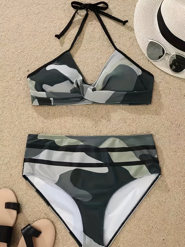 Bikini Camo Print 2 Piece High Cut Halter Swimsuit for Women – Vibrant V Neck Backless Bikini Set with Ruched Detail – Comfortable Stretchy Swimwear for Beach Pool and Summer Vacation