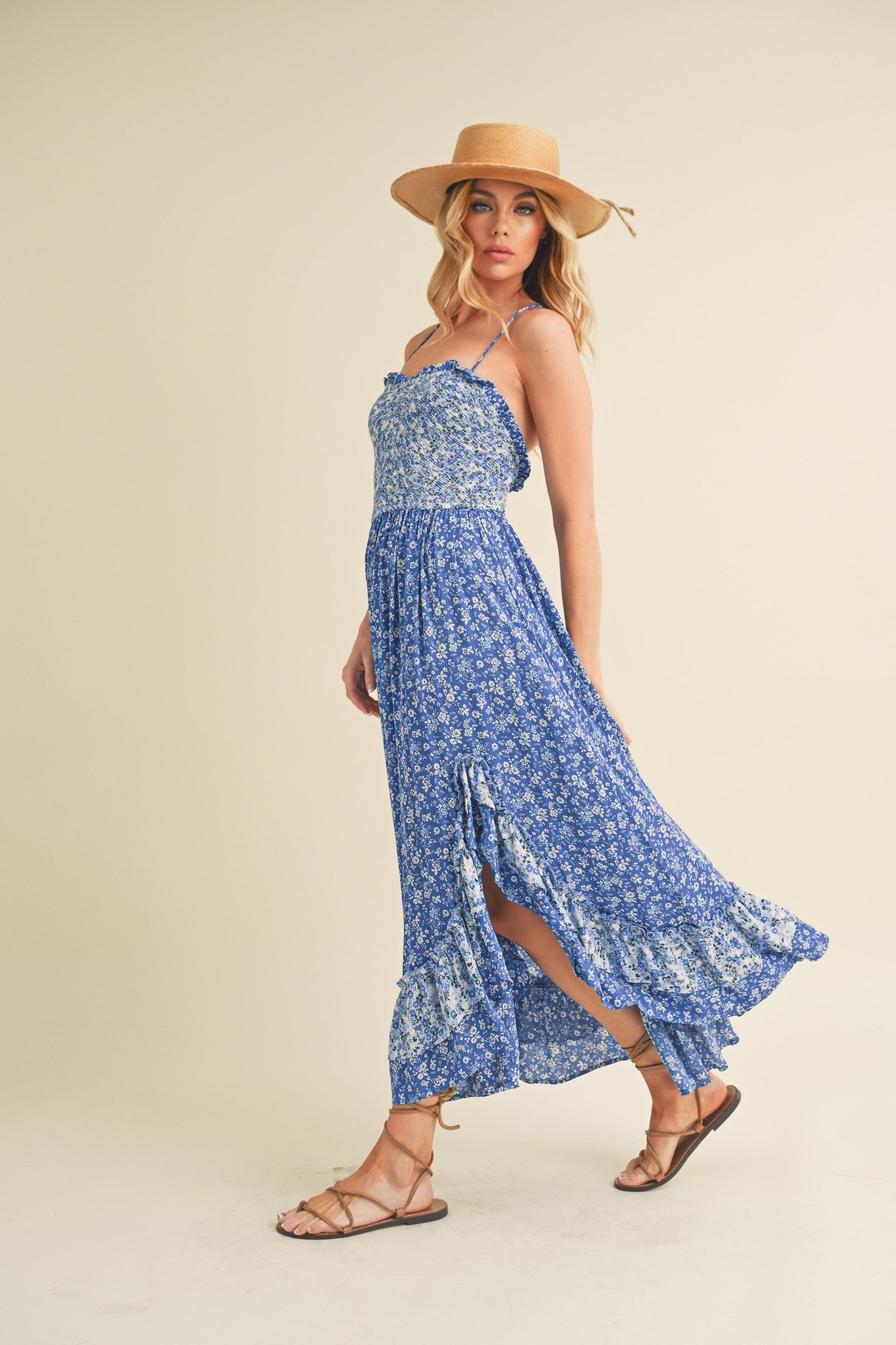 Ditsy Floral Ruffled Hem Maxi Women Cami Dress –Feminine Floral Print, Elegant Maxi Length, Flowy & Comfortable Design for Casual & Special Occasions