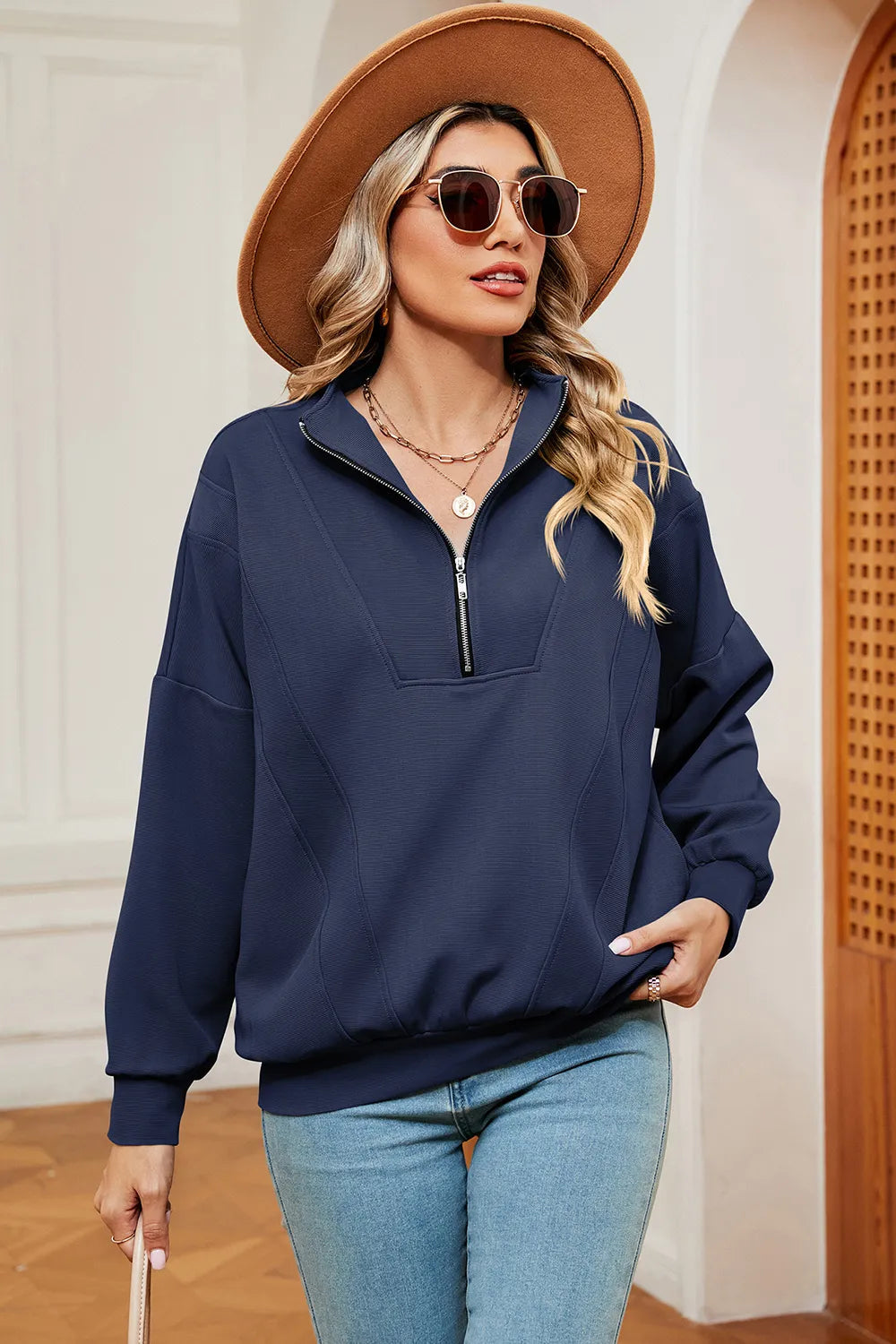 Autumn and winter new solid color zipper long sleeved loose pullover sweatshirt jacket for women