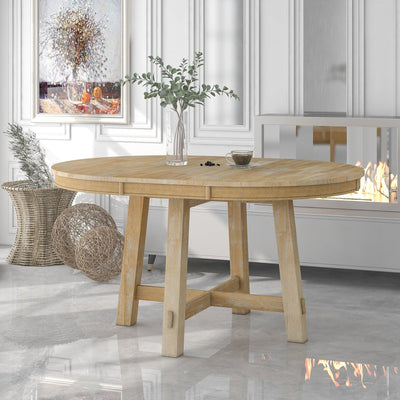 TREXM Farmhouse Round Extendable Dining Table with 16