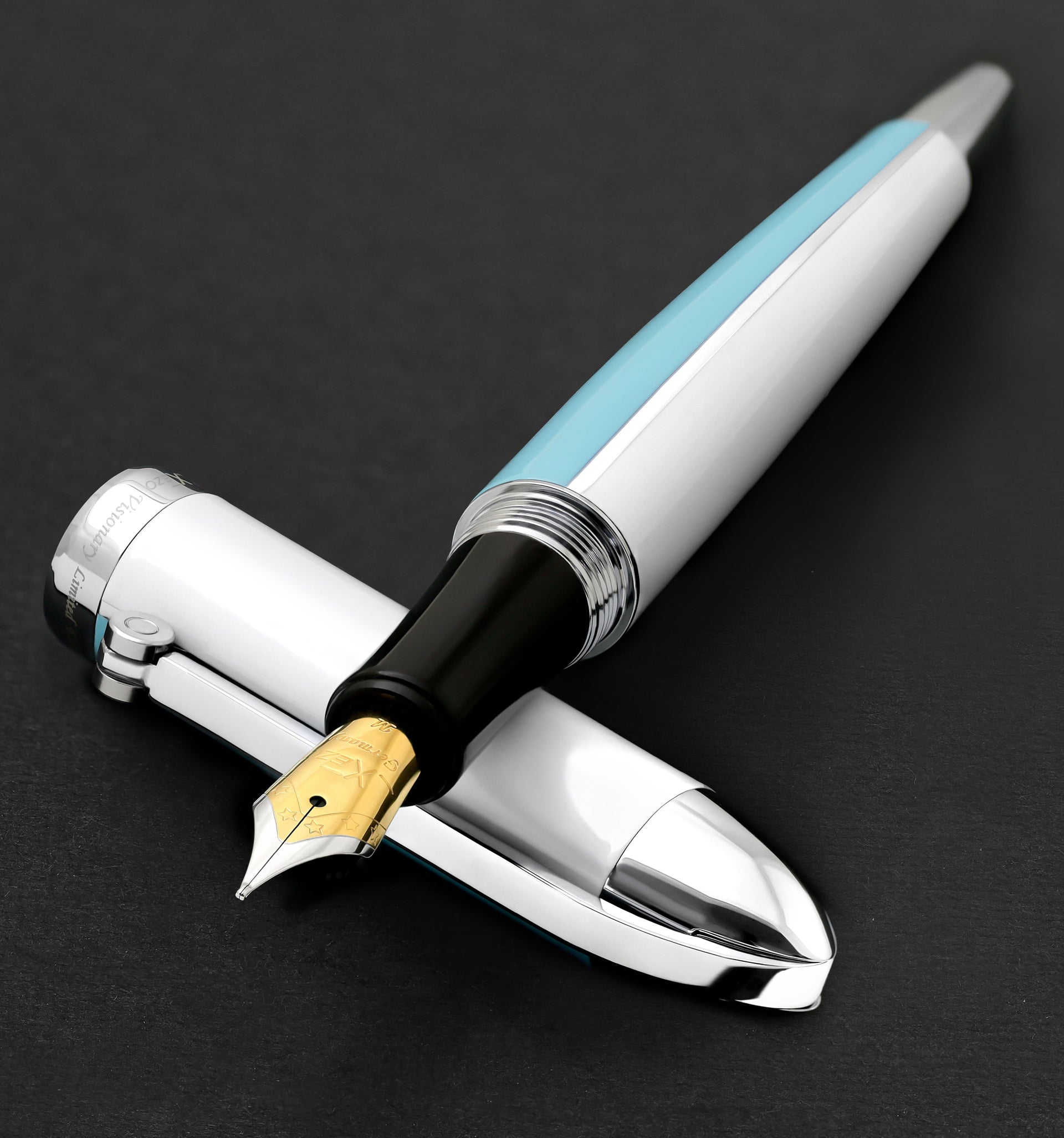 Visionary® Brass & Aluminum Enameled Fountain Pen (Medium Nib) and Ballpoint Pen Set - Sky Blue / White