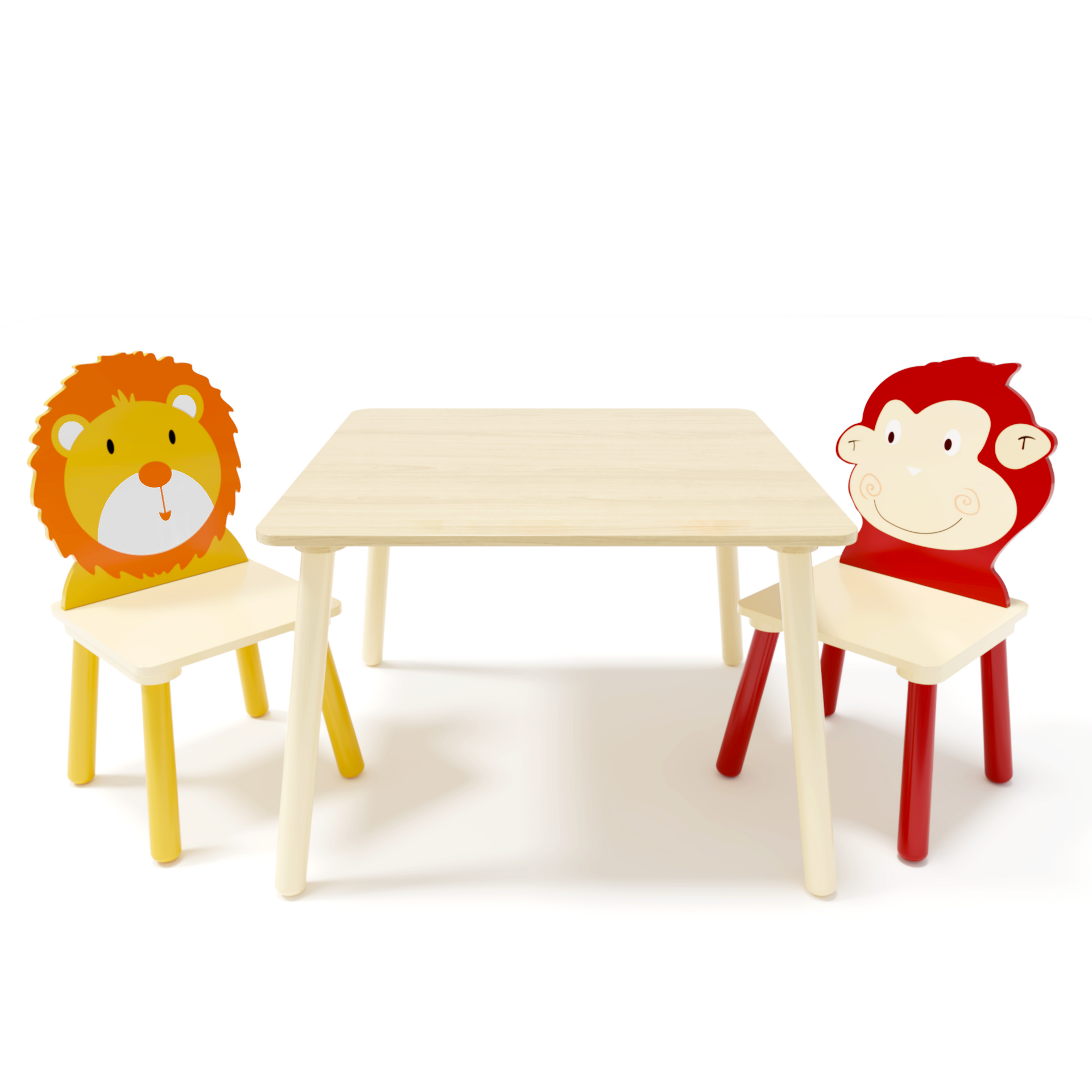 Kids Table and 2 Chairs Set 3 Pieces Toddler Table and Chair Set Wooden Activity Play Table Set (Lion&Monkey)