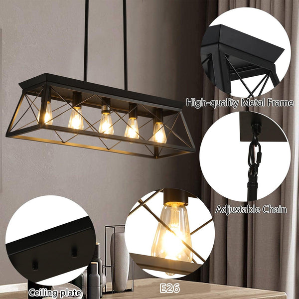5-light farmhouse pendant light, metal pendant light island fixture, modern rectangular island light, pure black (no bulb)