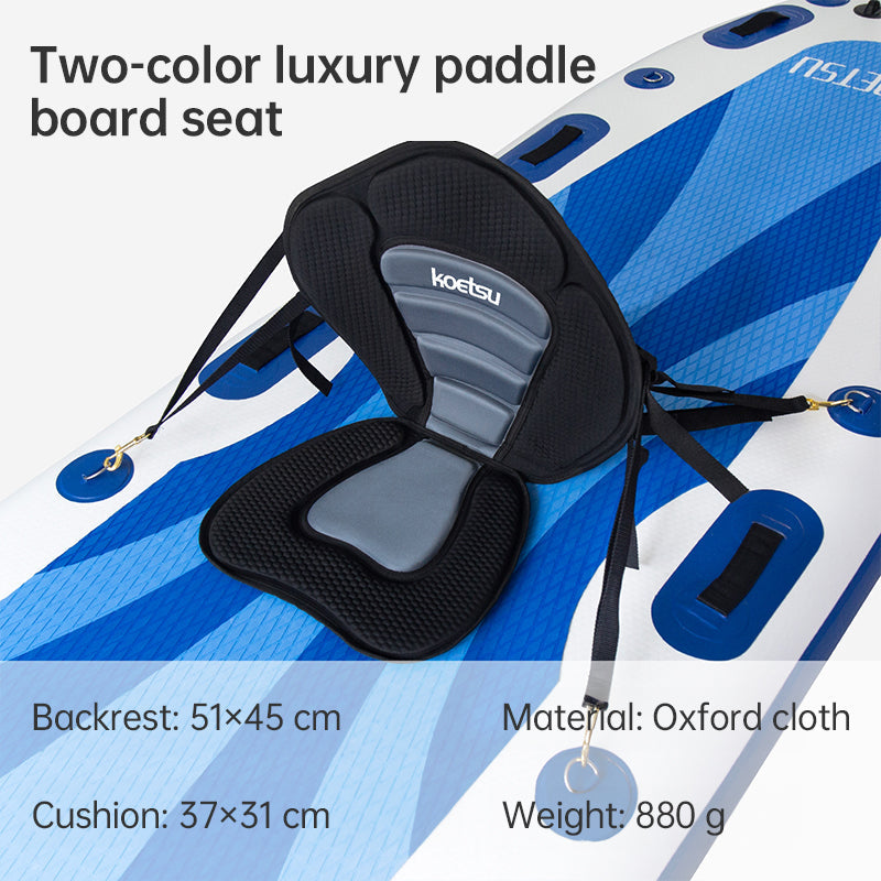 Adjustable padded seat for kayaks, paddleboards, canoes, with backrest, suitable for kayak, canoe, rafts, fishing.