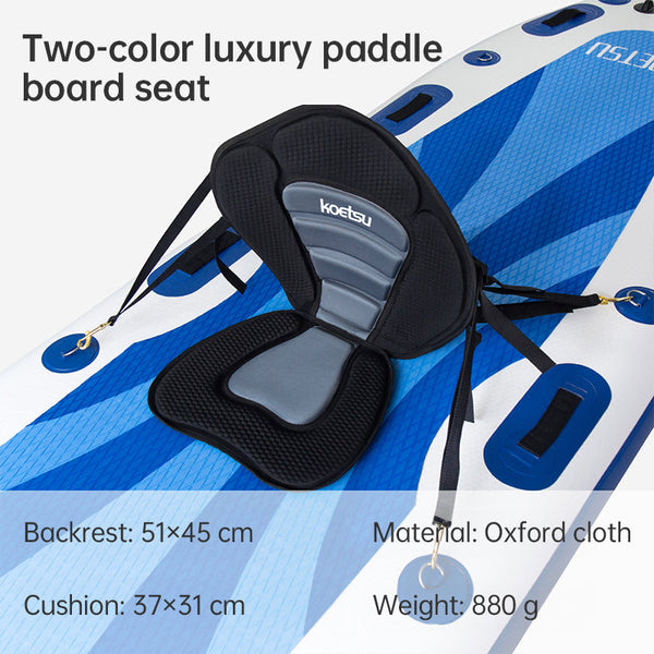 Adjustable padded seat for kayaks, paddleboards, canoes, with backrest, suitable for kayak, canoe, rafts, fishing.