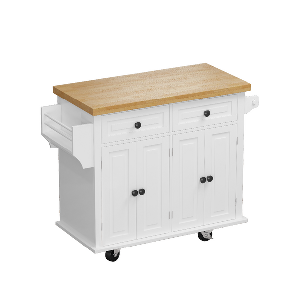 White kitchen island with wooden top on a white background