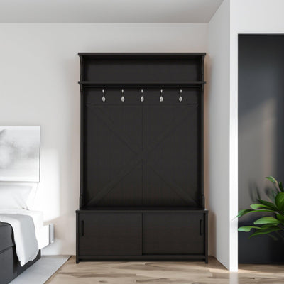 Hall tree with roof rack and storage platform, corridor shoe cabinet with sliding door, clothes hanger with 5 hooks black