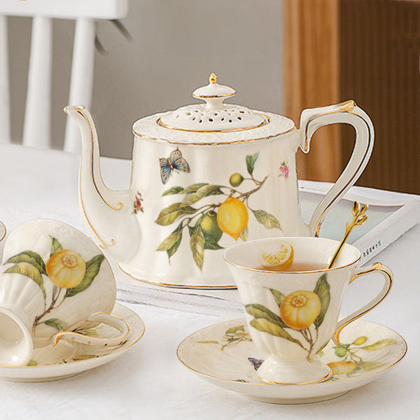 European - style Elegant Lemon Espresso Cups Set: Includes Tea Cups, Saucers, Ceramic Mugs, and a Dessert Plate