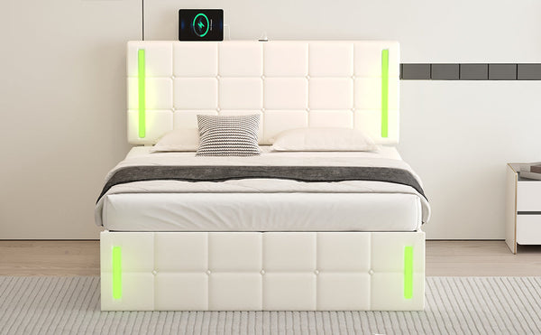 Full Size Upholstered Bed with LED Lights,Hydraulic Storage System and USB Charging Station,White V.I.P Digital Presence