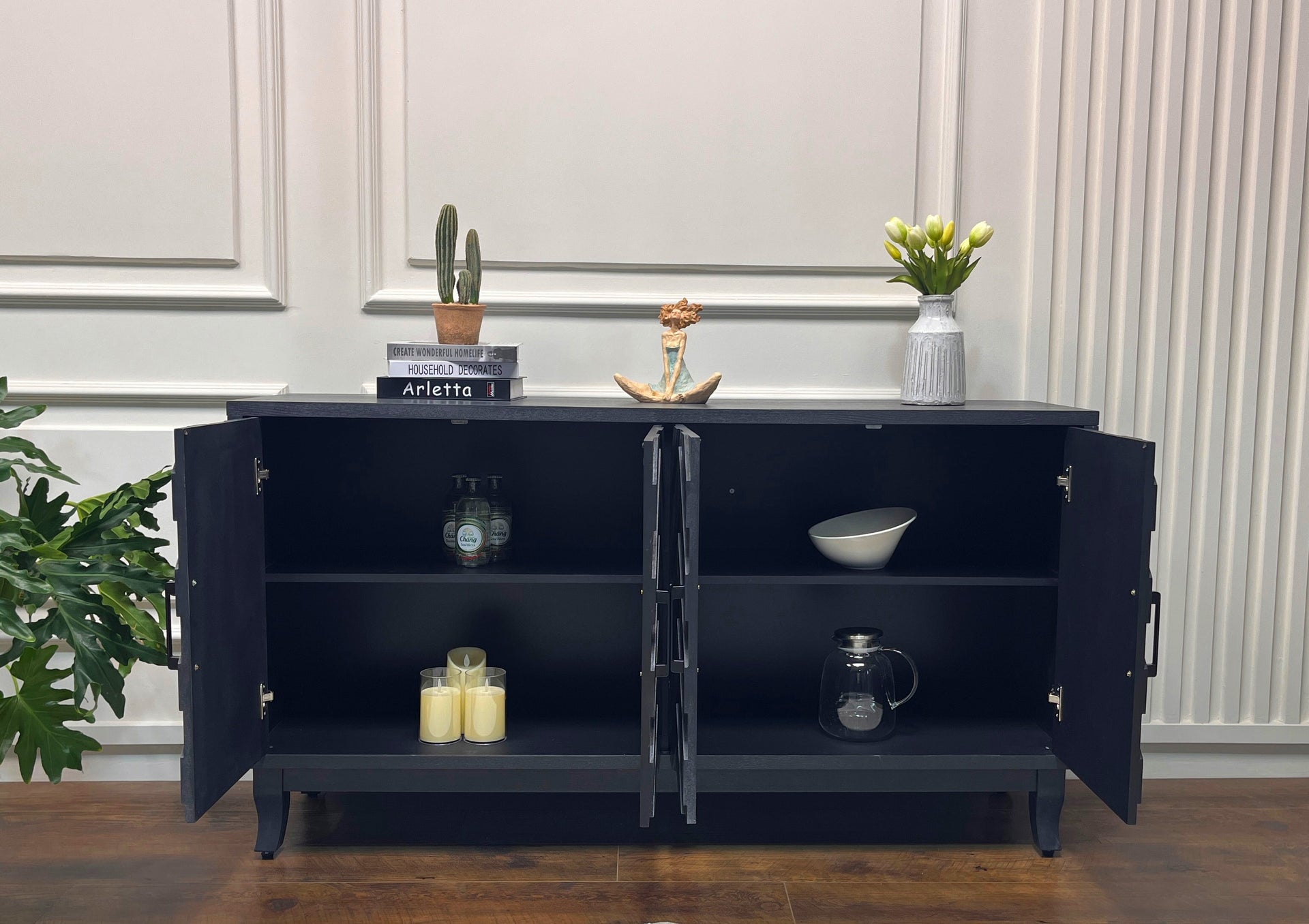 Stronger Vintage Style Buffet Cabinet Lacquered Accent Storage 4 Door Wooden Cabinets Taupe Grey