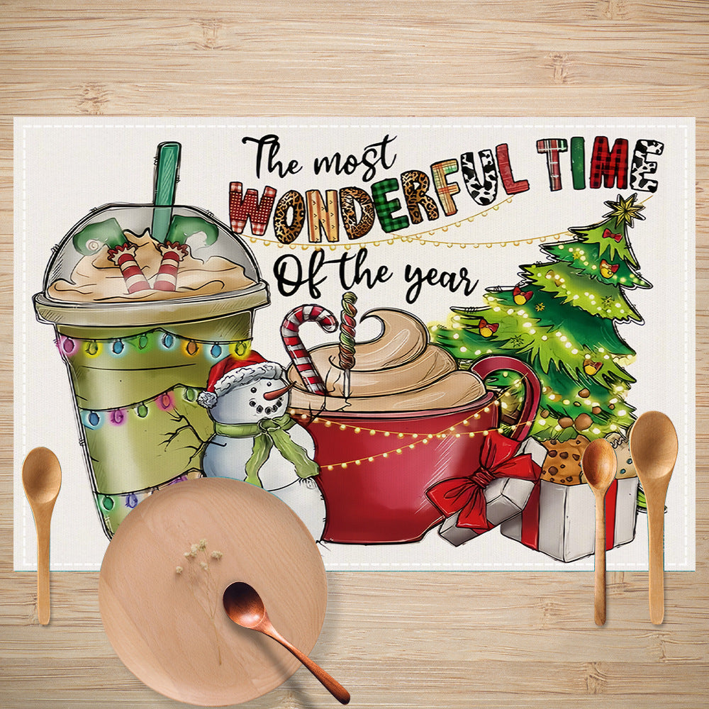 Skull Milk Tea Cup Printed Meal Mat Christmas Snowflake Letter Linen Table Mat Holiday Table Decoration Insulation Mat