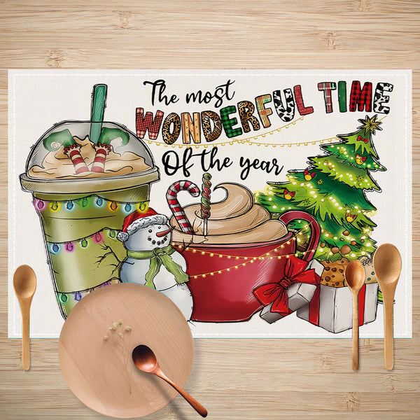 Skull Milk Tea Cup Printed Meal Mat Christmas Snowflake Letter Linen Table Mat Holiday Table Decoration Insulation Mat