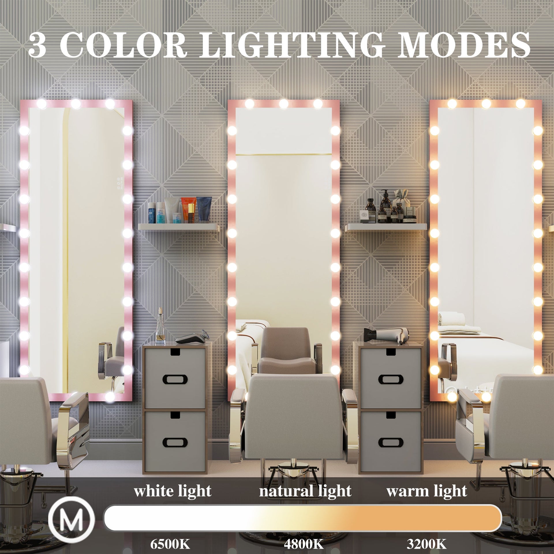 62.6-inch x 23.3-inch pink Hollywood illuminated full body vanity mirror with 3 color modesstanding floor mirror touch control