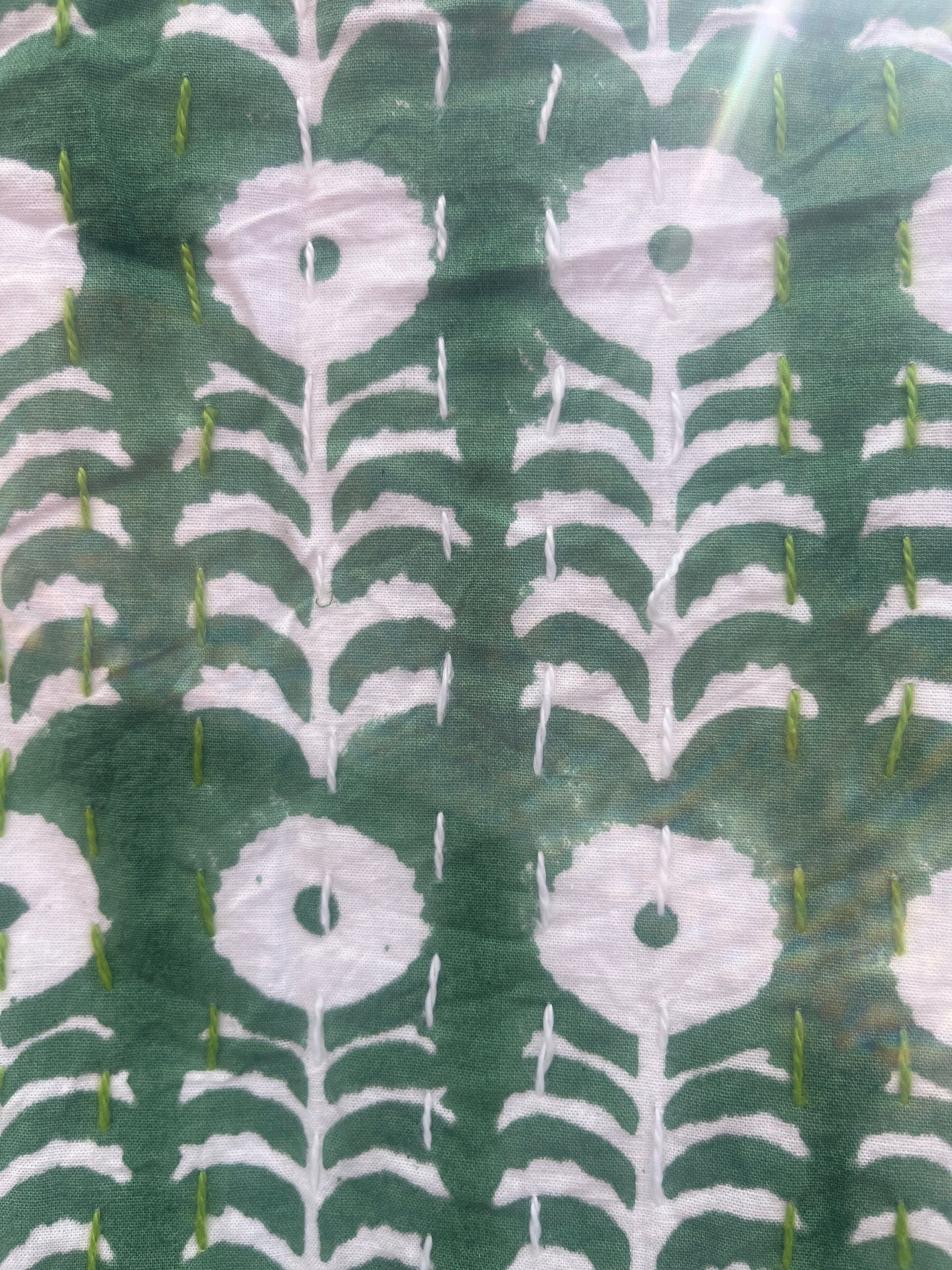 Spider Green Flowers Block Print Cotton Kantha Quilt (Events)