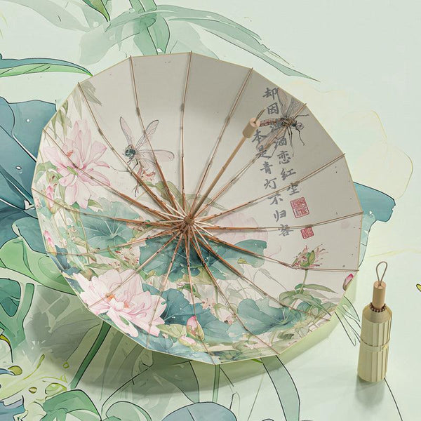 16-rib color rubber & gold aluminum alloy frame: new Chinese retro folding umbrella with sun protection and UV resistance.