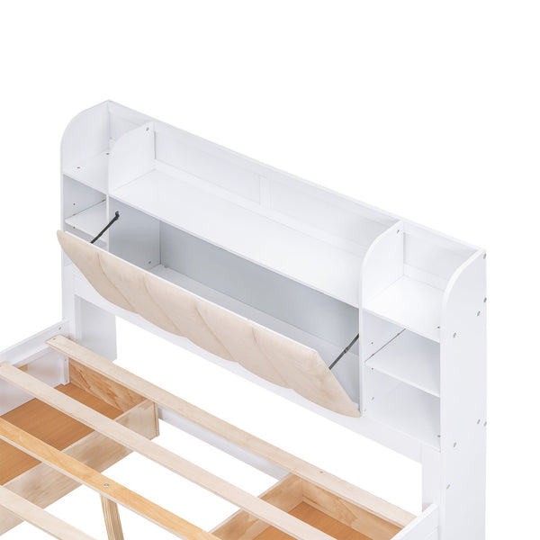 Wood Queen Size Platform Bed with Storage Headboard  Shelves and 4 Drawers  White