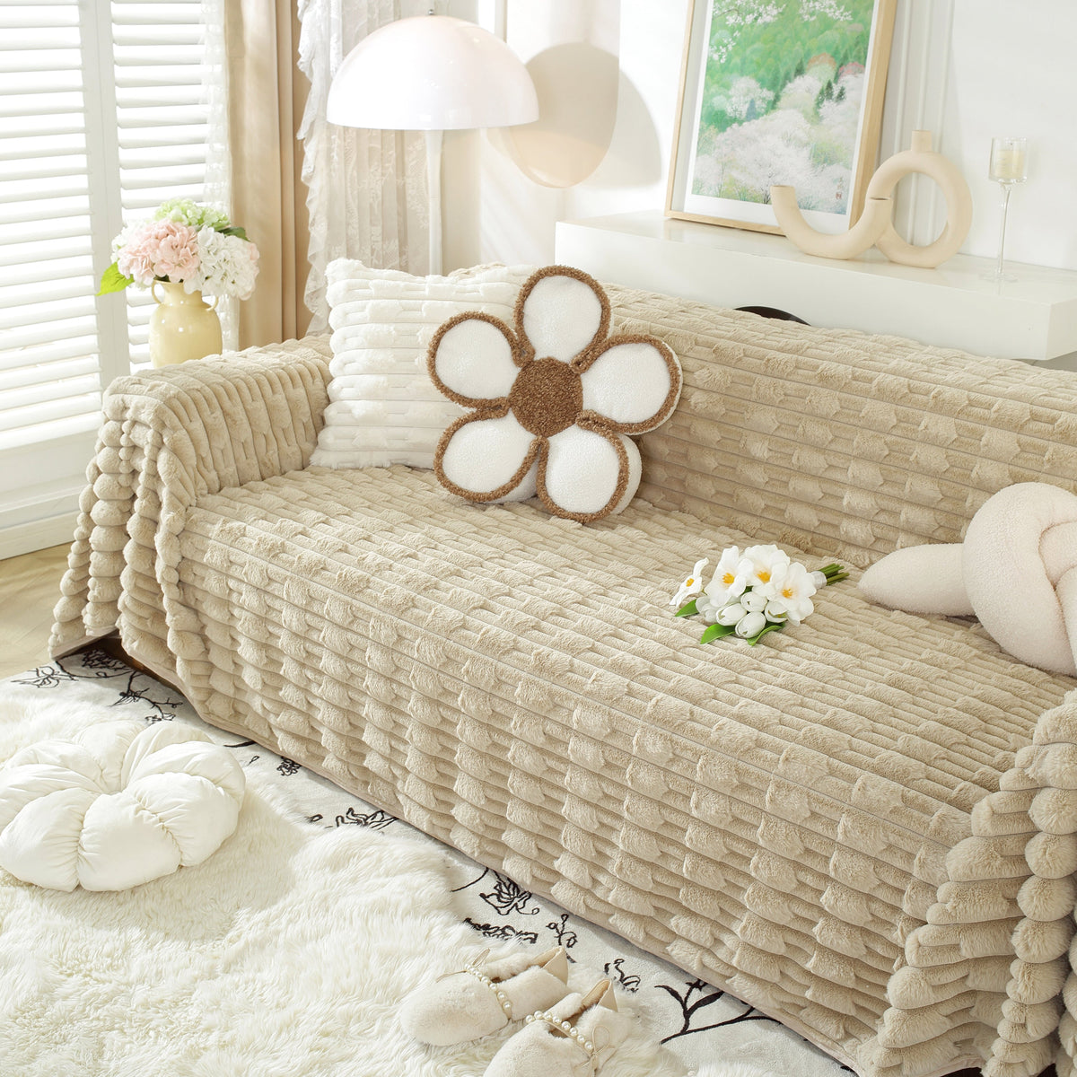 Fluffy Faux Fur Couch Cover Plush Sofa Throw, Warm & Stylish Sofa Protector