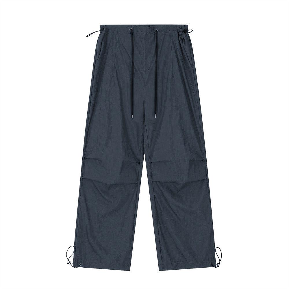 Wrinkled Casual Straight Cargo Pants Men's American Loose Solid Color Thin Sports Drawstring Cuffed Long Trousers
