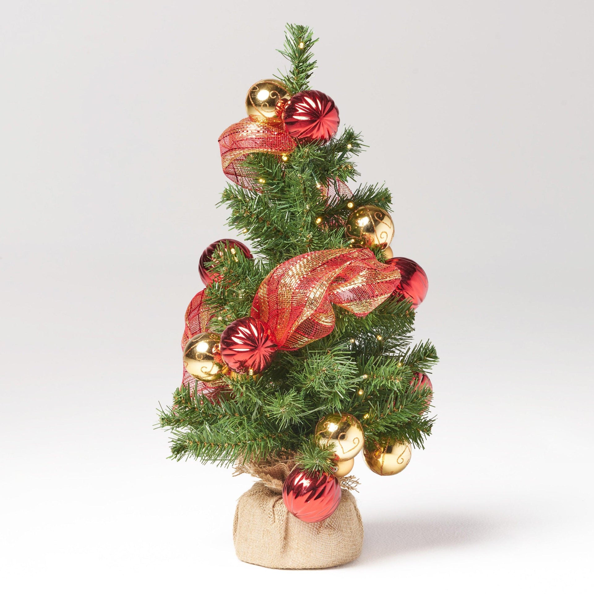 2'RED/GOLD DECORATION BURLAP TREE WITH 50 WARM WHITE LED LIGHTS-BATTERY OPERATED