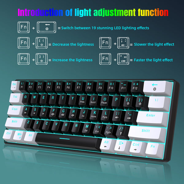 Mechanical keyboard 61 key short style small keyboard for office typing, black and white dual splicing ice blue backlit blue axis gaming keyboard