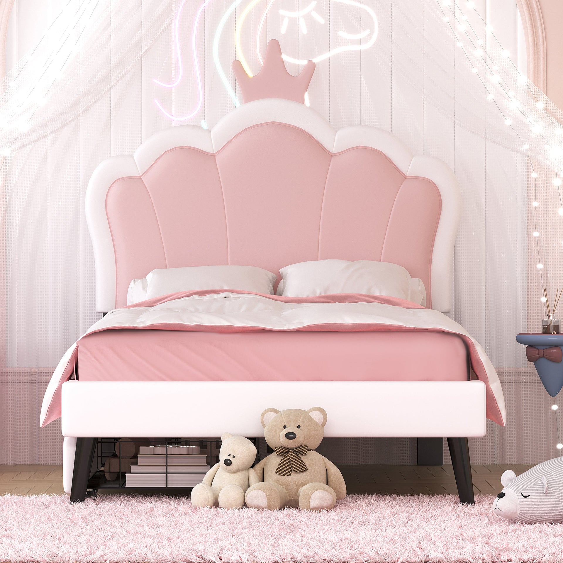 Twin cushion princess bed with crown headboard and 2 drawers with headboard and footrest, pink+white