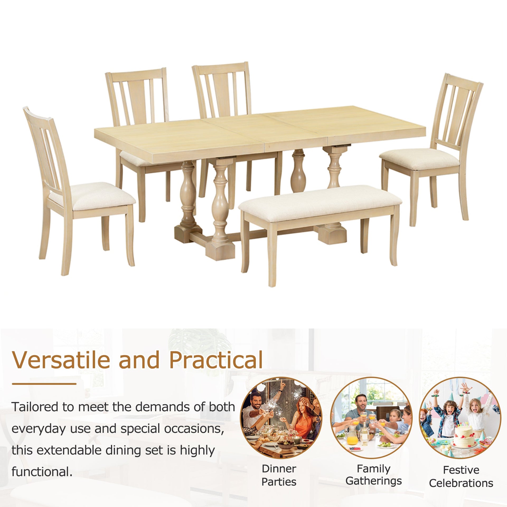 Traditional 6-Piece 78inch Trestle Extendable Dining Table Set with One 18inch Removable Leaf Padded Dining Chairs Bench,Natural