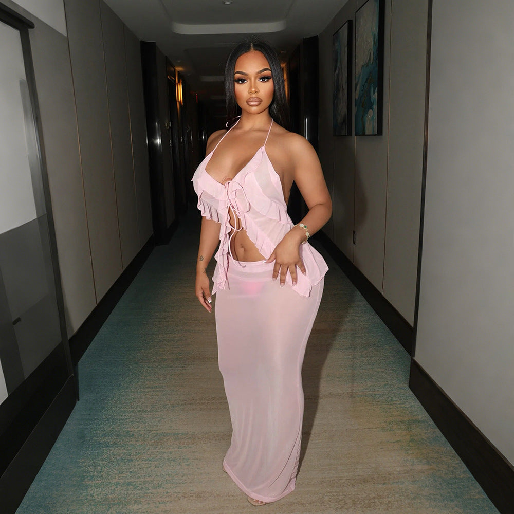 Sexy Transparent Set with Belted Sleeveless Cardigan and Fashionable Long Skirt Two-Piece Set for Women