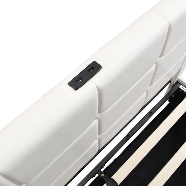 Queen Size Upholstered Bed with LED Lights,Hydraulic Storage System and USB Charging Station,White V.I.P Digital Presence